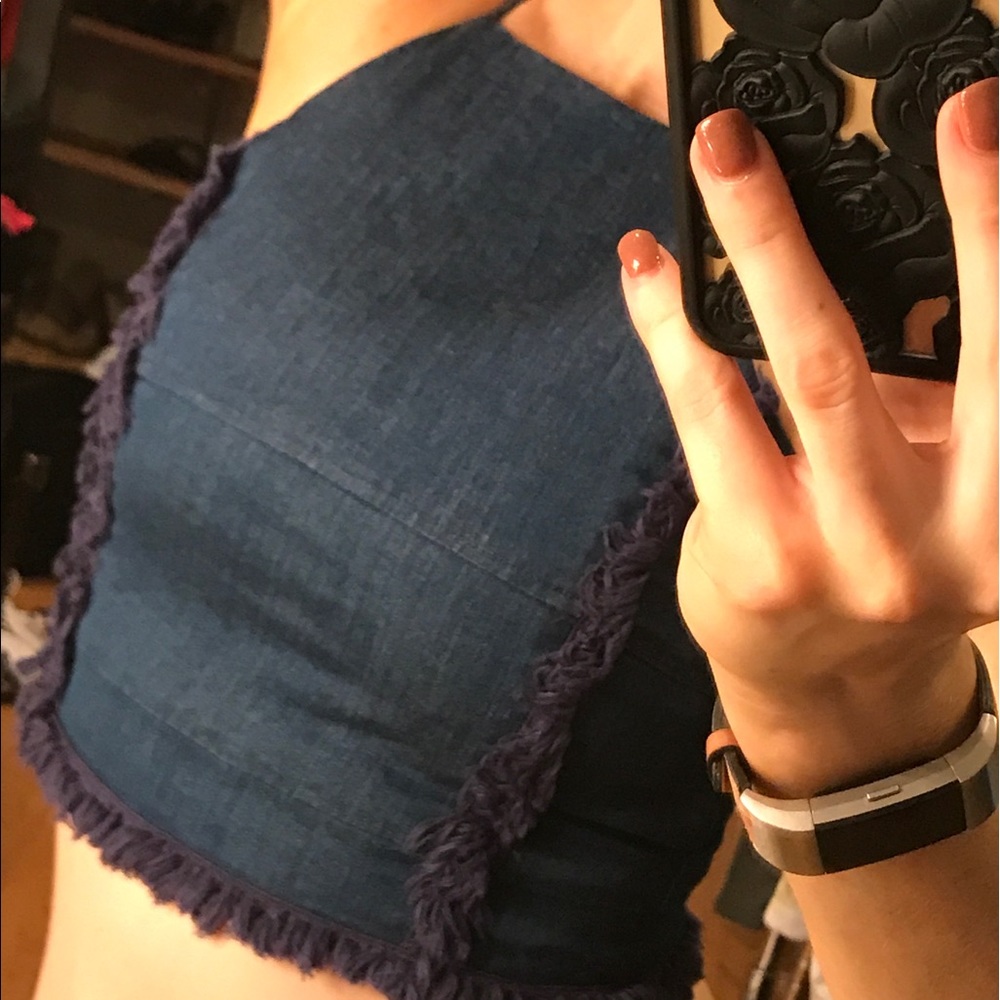 Blue Jean Halter Crop Top w Frayed Edges